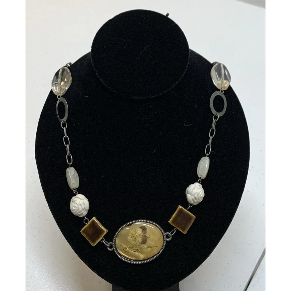 Statement Beaded Necklace Cream White Brown Resin Stone MOP Floral Inlay